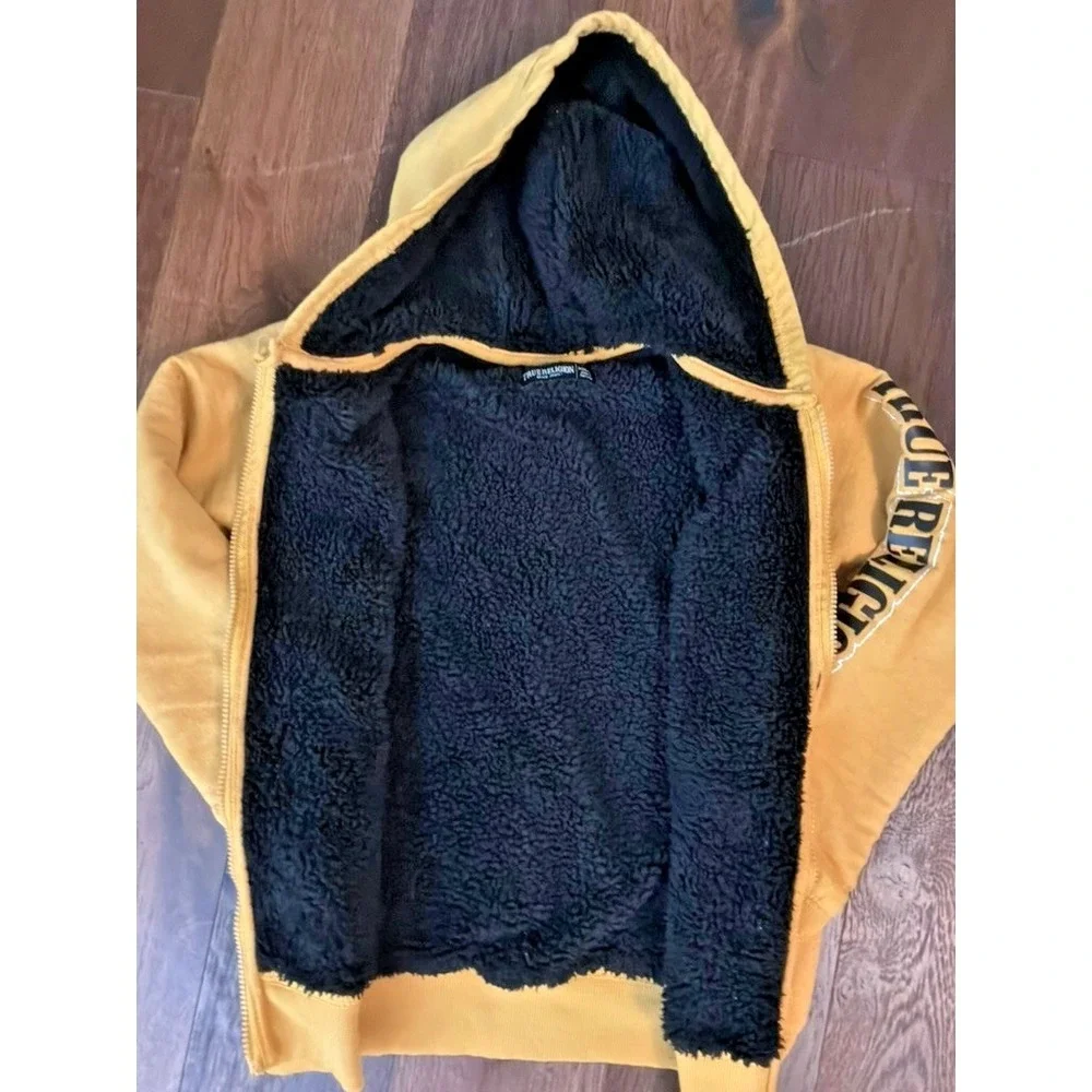 True Religion Zip Hoodie Sherpa Lined‎ Tan Logo Men's Medium